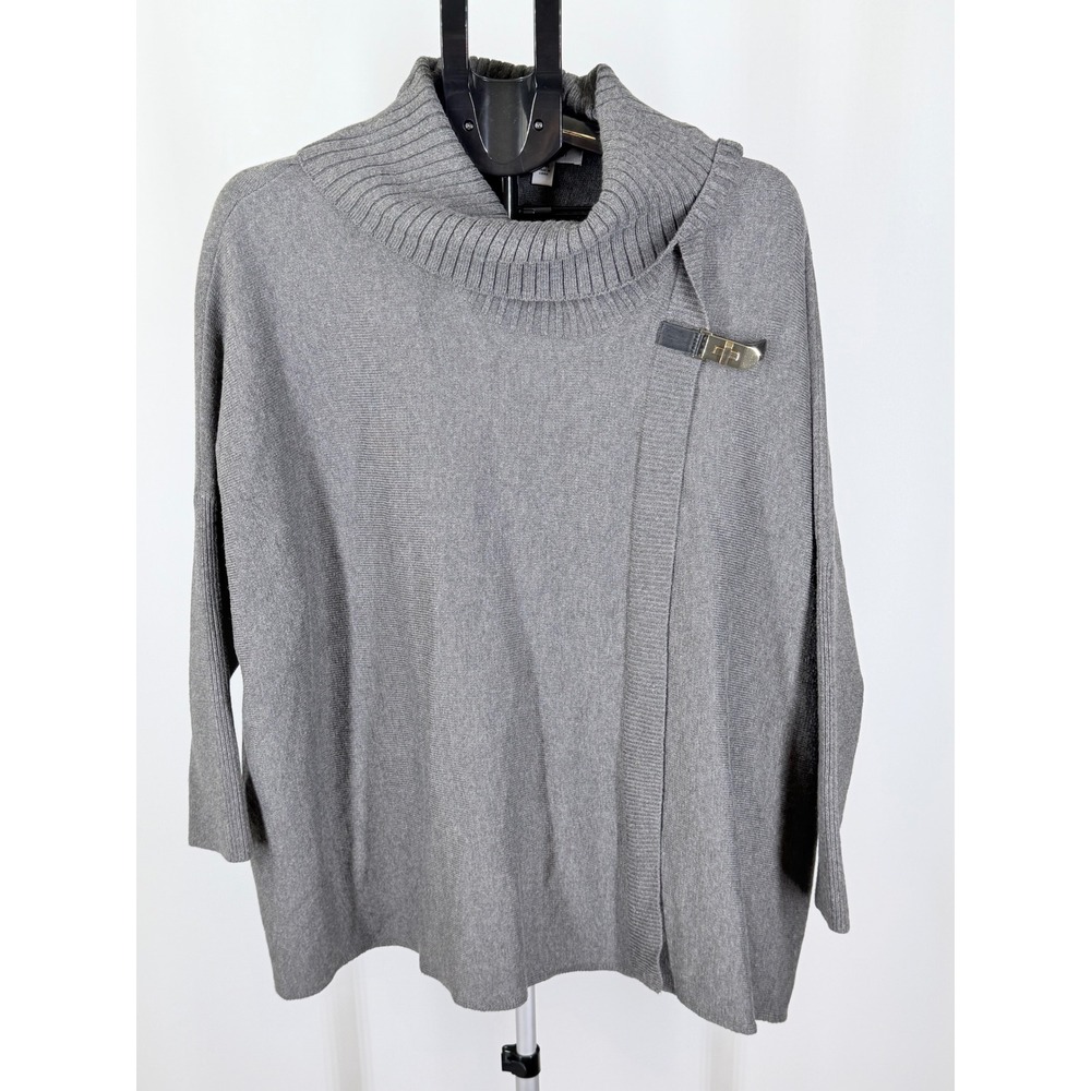 Calvin Klein Gray Turtleneck Poncho Sweater Gold Buckle Womens S/M